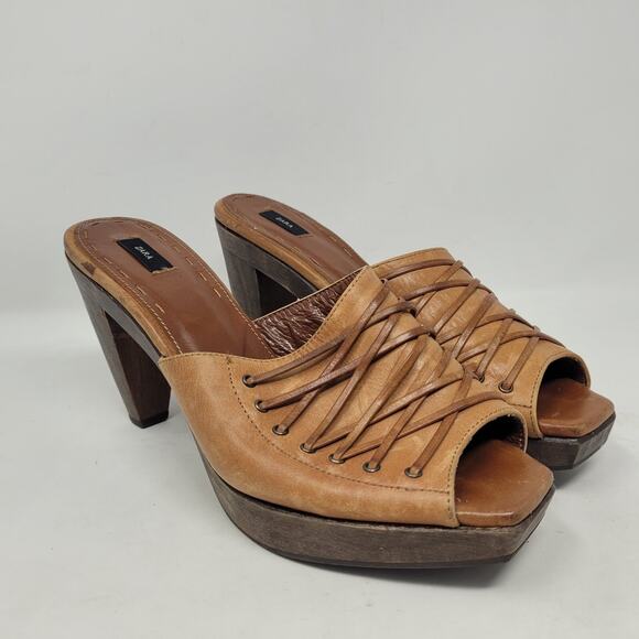 Zara Heels EU39 US8 Brown Faux Leather Braided Platform Boho Sandals Mules Party - Picture 1 of 9
